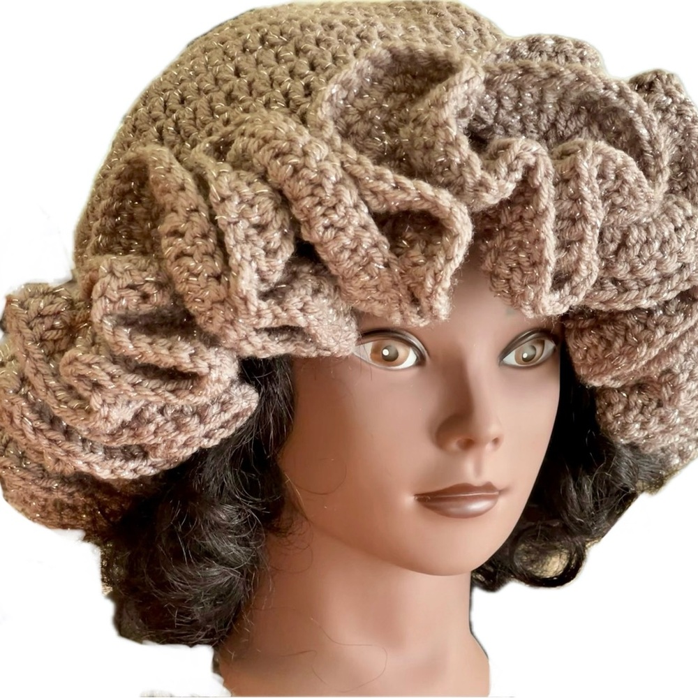 Taupe Sprinkle Crochet Ruffle hat handmade 👒